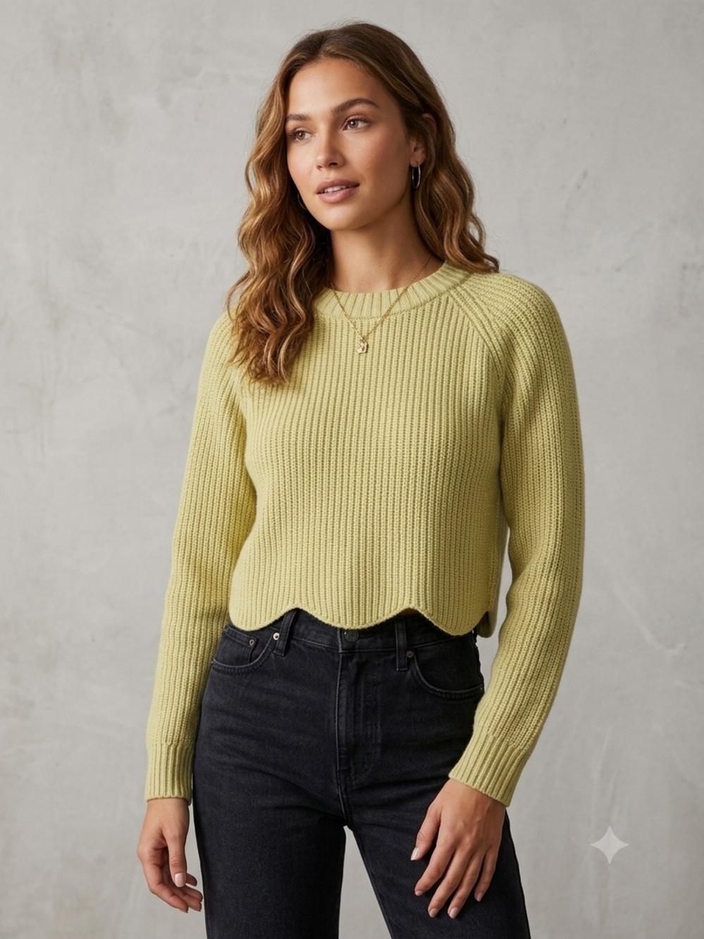 Wilfred Aritzia Scallop Crop Merino Wool Buttery Yellow Sweater, M